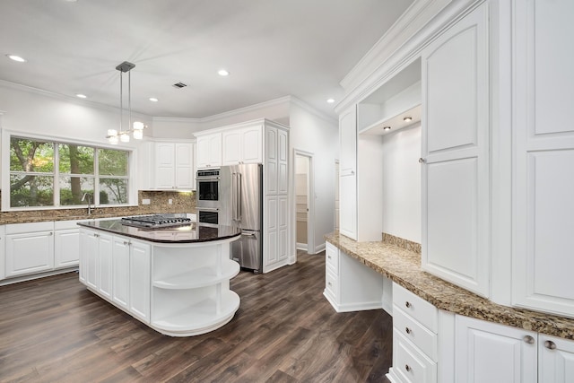 237 Matties Way, Destin, FL 32541 - kitchen with open shelves, ornamental molding, stainless steel appliances, white cabinets, and decorative backsplash