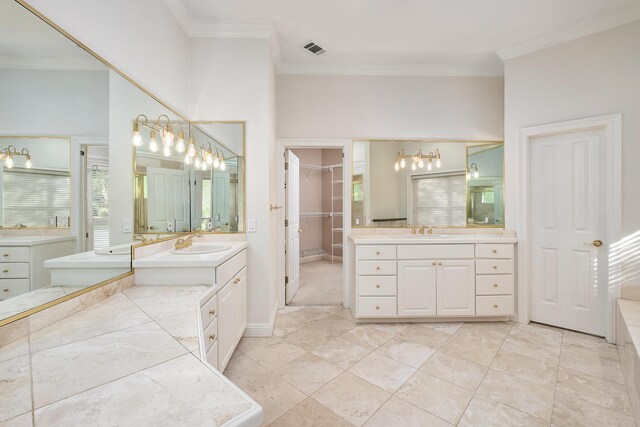 237 Matties Way, Destin, FL 32541 - full bathroom with ornamental molding, two vanities, a chandelier, and a walk in closet
