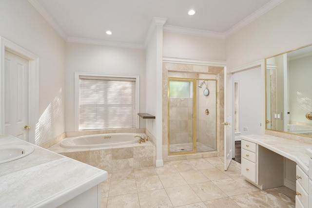 237 Matties Way, Destin, FL 32541 - bathroom with a shower stall, vanity, a garden tub, crown molding, and recessed lighting