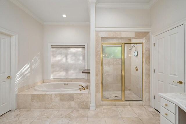 237 Matties Way, Destin, FL 32541 - bathroom featuring a garden tub, a stall shower, healthy amount of natural light, vanity, and crown molding