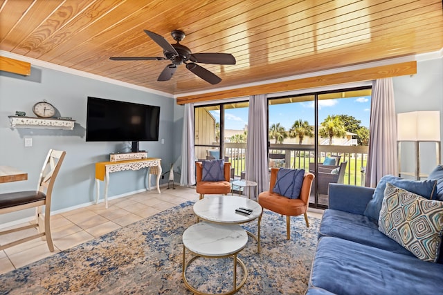 tiled living room with wooden ceiling, baseboards, a ceiling fan, and crown molding