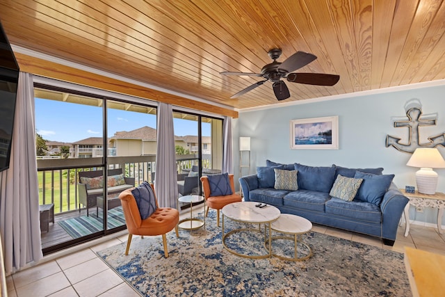 tiled living room featuring wooden ceiling, crown molding, and ceiling fan
