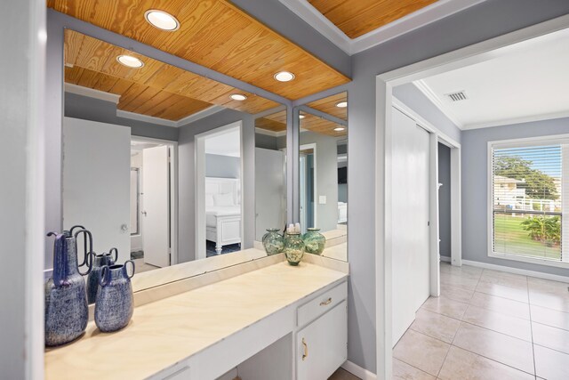 bathroom with visible vents, baseboards, ornamental molding, wood ceiling, and recessed lighting