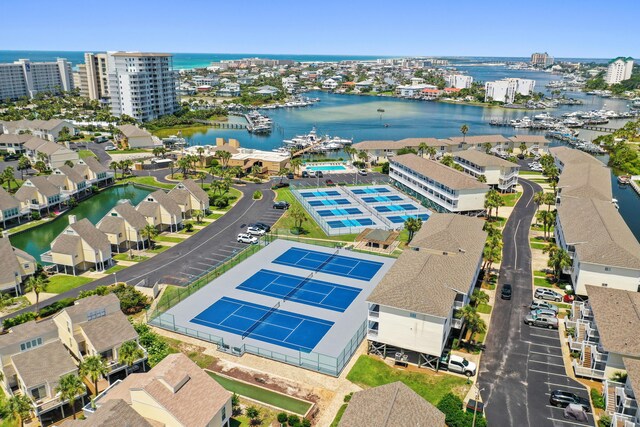 bird's eye view featuring a water view and a view of city