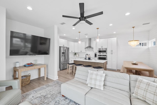 34 Gulf Breeze Ct, Destin, FL 32541 - living room featuring visible vents, ceiling fan, light wood-type flooring, and recessed lighting