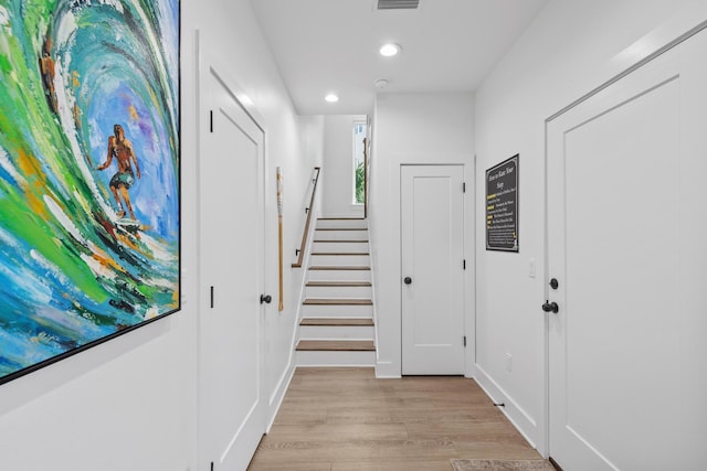 34 Gulf Breeze Ct, Destin, FL 32541 - entryway with baseboards, recessed lighting, stairway, visible vents, and light wood finished floors