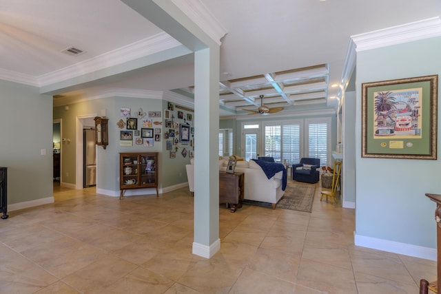 4030 Indian Trl, Destin, FL 32541 - living area with visible vents, a ceiling fan, crown molding, coffered ceiling, and light tile patterned flooring