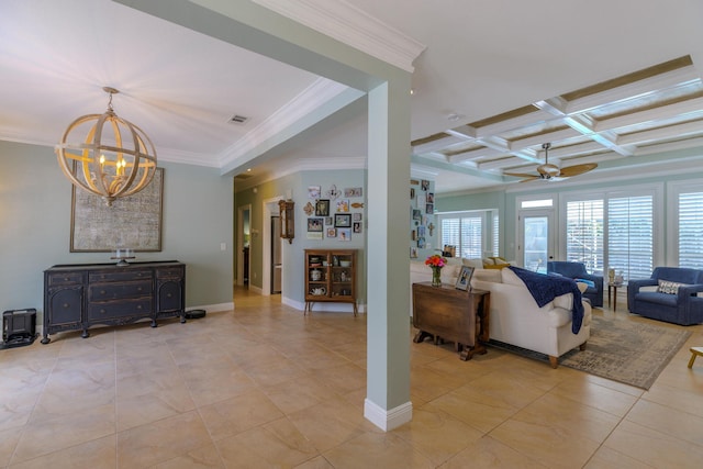 4030 Indian Trl, Destin, FL 32541 - living area featuring crown molding, light tile patterned floors, visible vents, and ceiling fan with notable chandelier