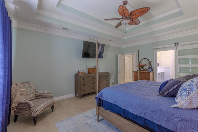 4030 Indian Trl, Destin, FL 32541 - bedroom featuring a tray ceiling, ceiling fan, ornamental molding, and visible vents