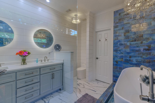 4030 Indian Trl, Destin, FL 32541 - full bath featuring vanity, ornamental molding, visible vents, a freestanding bath, and marble finish floor