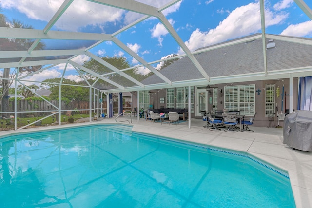 4030 Indian Trl, Destin, FL 32541 - view of pool with a ceiling fan, glass enclosure, fence, a patio, and a fenced in pool