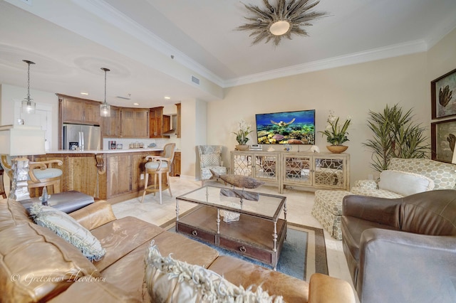 11807 Front Beach Rd Unit 2104, Panama City Beach, FL 32407 - living room featuring recessed lighting, visible vents, and crown molding