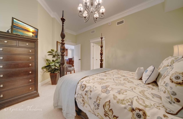 11807 Front Beach Rd Unit 2104, Panama City Beach, FL 32407 - bedroom with a chandelier, visible vents, crown molding, and light colored carpet