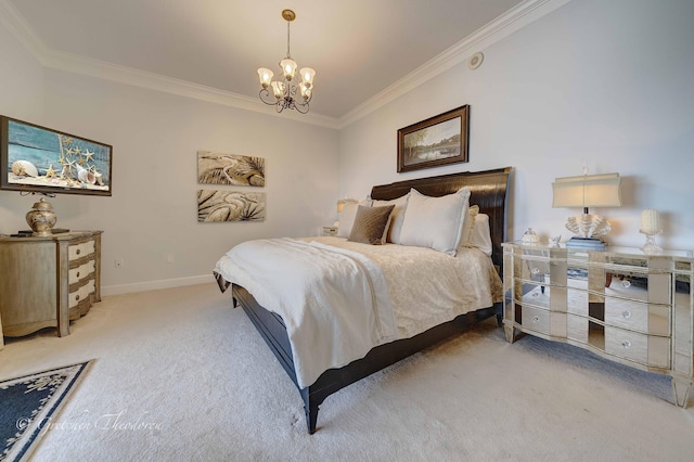 11807 Front Beach Rd Unit 2104, Panama City Beach, FL 32407 - bedroom with an inviting chandelier, baseboards, carpet floors, and ornamental molding
