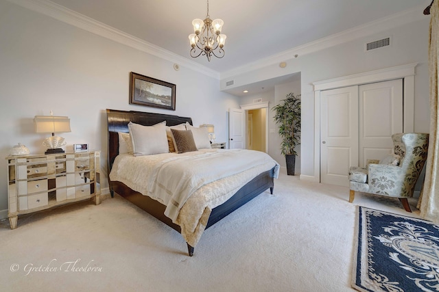 11807 Front Beach Rd Unit 2104, Panama City Beach, FL 32407 - bedroom with light carpet, an inviting chandelier, baseboards, ornamental molding, and visible vents