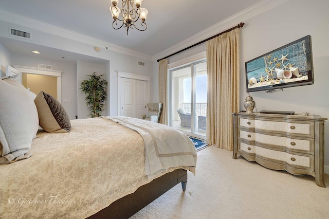11807 Front Beach Rd Unit 2104, Panama City Beach, FL 32407 - bedroom featuring light carpet, visible vents, access to outside, and crown molding
