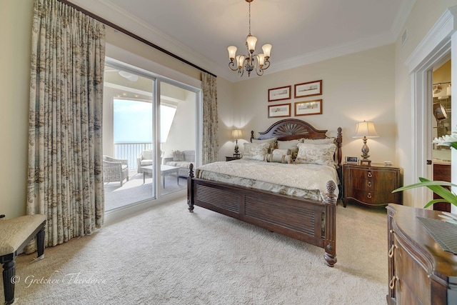 11807 Front Beach Rd Unit 2104, Panama City Beach, FL 32407 - bedroom featuring an inviting chandelier, access to exterior, visible vents, carpet floors, and crown molding