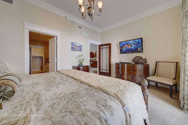 11807 Front Beach Rd Unit 2104, Panama City Beach, FL 32407 - bedroom featuring ornamental molding, a chandelier, visible vents, and carpet