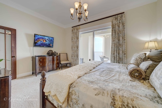 11807 Front Beach Rd Unit 2104, Panama City Beach, FL 32407 - carpeted bedroom with baseboards, access to outside, a chandelier, and ornamental molding