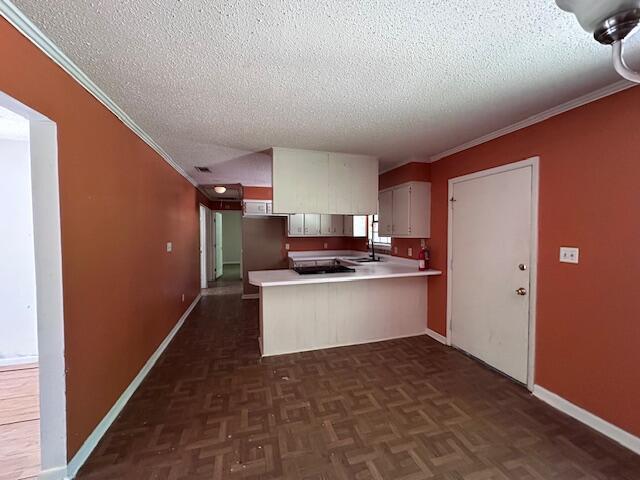 592 E Robinson Ave, Crestview, FL 32539 - kitchen with baseboards, light countertops, a peninsula, a textured ceiling, and crown molding