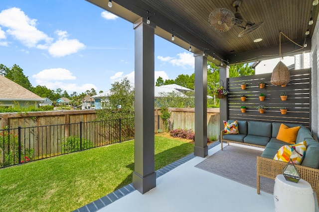 331 Ridgewalk Cir, Santa Rosa Beach, FL 32459 - view of patio featuring a fenced backyard, outdoor lounge area, and ceiling fan
