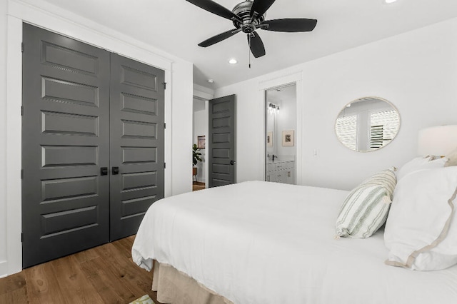 331 Ridgewalk Cir, Santa Rosa Beach, FL 32459 - bedroom with dark wood finished floors, a closet, ceiling fan, and recessed lighting