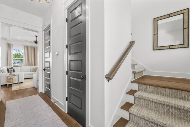331 Ridgewalk Cir, Santa Rosa Beach, FL 32459 - staircase with baseboards, a ceiling fan, and wood finished floors