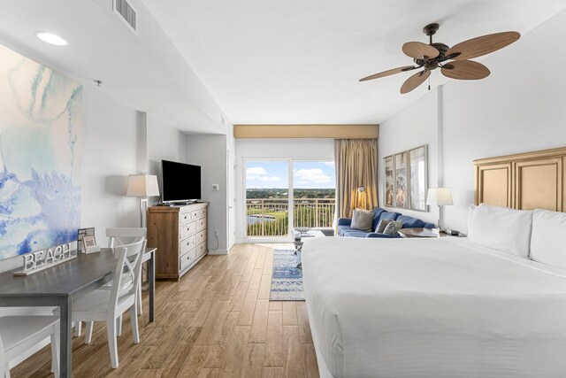 5000 S Sandestin Blvd Unit 6806, Sandestin, FL 32550 - bedroom featuring visible vents, baseboards, ceiling fan, light wood finished floors, and access to exterior