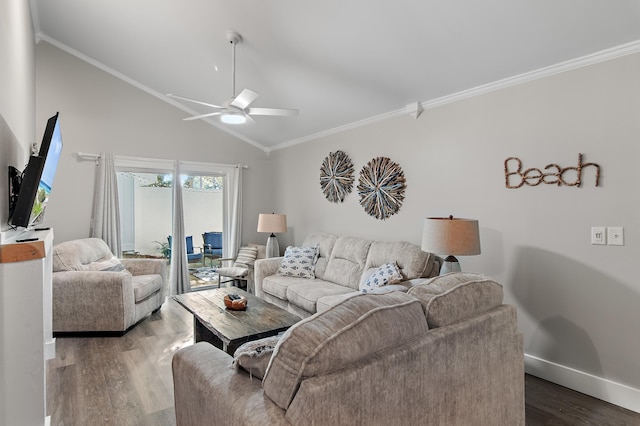 496 Linkside Dr, Miramar Beach, FL 32550 - living room with baseboards, a ceiling fan, crown molding, vaulted ceiling, and wood finished floors