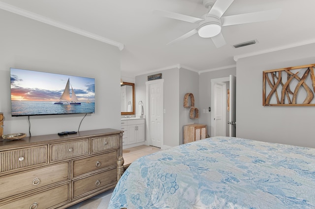 496 Linkside Dr, Miramar Beach, FL 32550 - bedroom featuring visible vents, ornamental molding, a ceiling fan, ensuite bath, and light tile patterned flooring