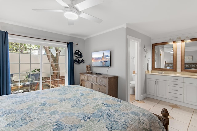 496 Linkside Dr, Miramar Beach, FL 32550 - bedroom with crown molding, ceiling fan, light tile patterned flooring, and ensuite bath