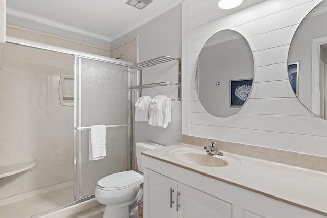 496 Linkside Dr, Miramar Beach, FL 32550 - bathroom with visible vents, toilet, crown molding, vanity, and a stall shower
