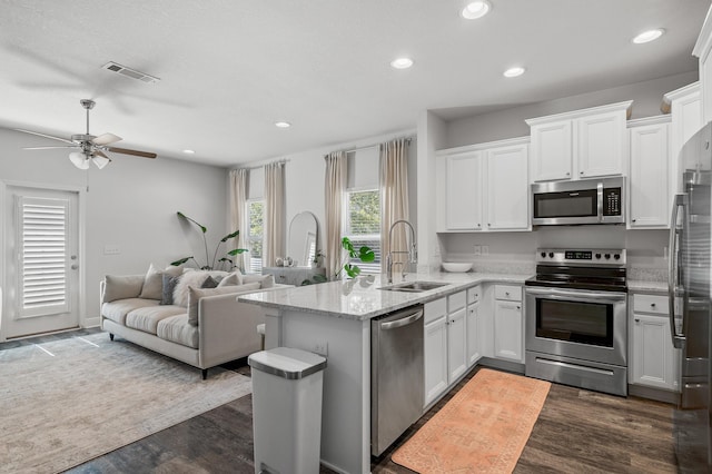 kitchen with open floor plan, a peninsula, white cabinets, appliances with stainless steel finishes, and a sink