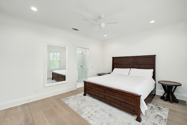 bedroom with crown molding, recessed lighting, visible vents, and light wood-type flooring