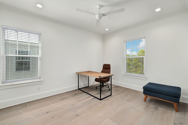 home office featuring recessed lighting, ceiling fan, baseboards, ornamental molding, and wood finished floors