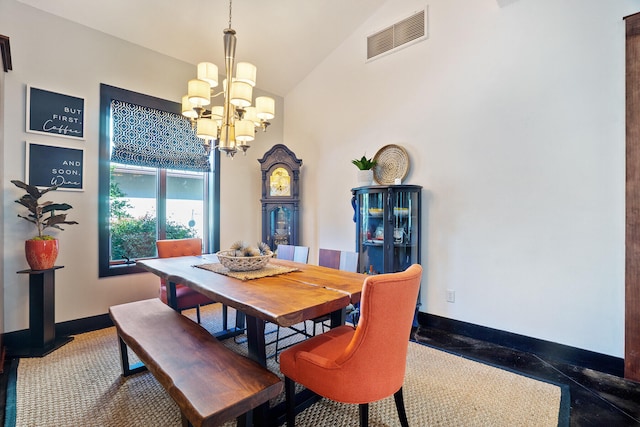 100 Vista Blfs, Destin, FL 32541 - dining area with an inviting chandelier, baseboards, lofted ceiling, and visible vents