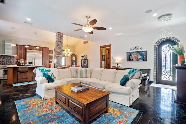 100 Vista Blfs, Destin, FL 32541 - living area featuring ceiling fan with notable chandelier, vaulted ceiling, and recessed lighting