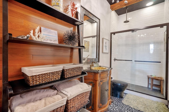 100 Vista Blfs, Destin, FL 32541 - full bath with a shower stall, vanity, beamed ceiling, and toilet