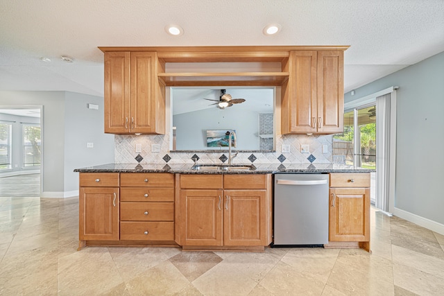 119 Long Pointe Dr, Mary Esther, FL 32569 - kitchen featuring stainless steel dishwasher, tasteful backsplash, dark stone counters, a ceiling fan, and recessed lighting