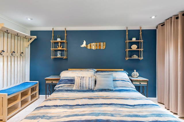 bedroom with crown molding, baseboards, and recessed lighting