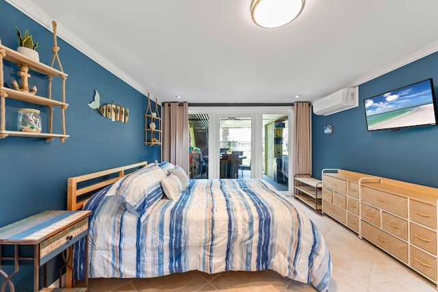 tiled bedroom featuring crown molding, a wall mounted AC, and access to exterior