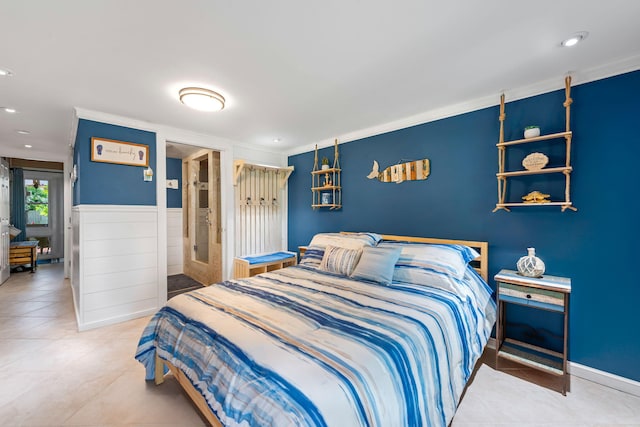 tiled bedroom with recessed lighting and ornamental molding