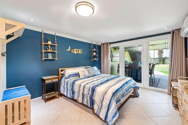 tiled bedroom featuring ornamental molding, a wall unit AC, recessed lighting, and access to exterior