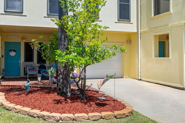 view of exterior entry with covered porch, an attached garage, and concrete driveway