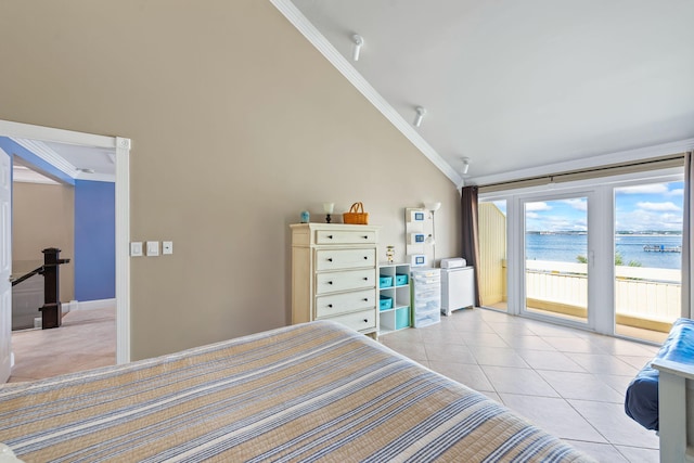 bedroom featuring crown molding, light tile patterned flooring, access to outside, a water view, and vaulted ceiling