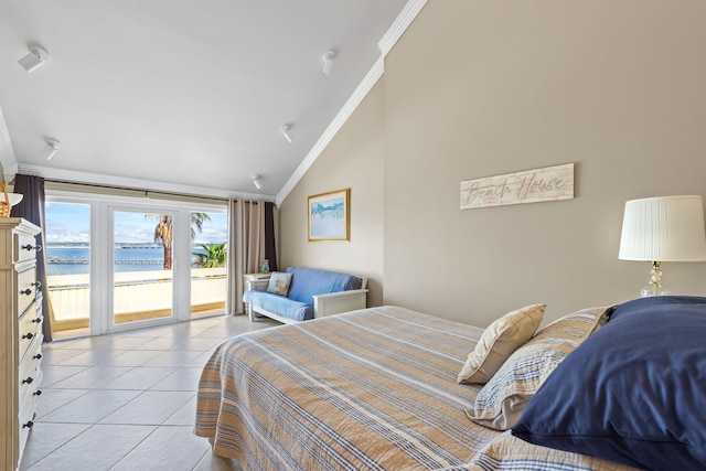 bedroom with crown molding, light tile patterned floors, access to outside, and lofted ceiling