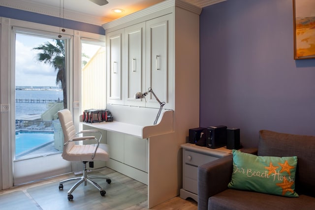 office with recessed lighting and light wood-style flooring