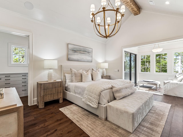 335 Churchill Oaks Dr, Santa Rosa Beach, FL 32459 - bedroom featuring a notable chandelier, dark wood-type flooring, and multiple windows