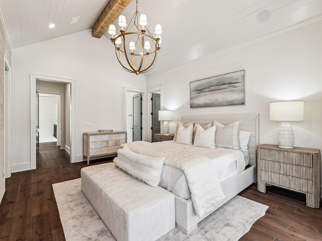 335 Churchill Oaks Dr, Santa Rosa Beach, FL 32459 - bedroom featuring dark wood-style floors, vaulted ceiling with beams, crown molding, baseboards, and a chandelier
