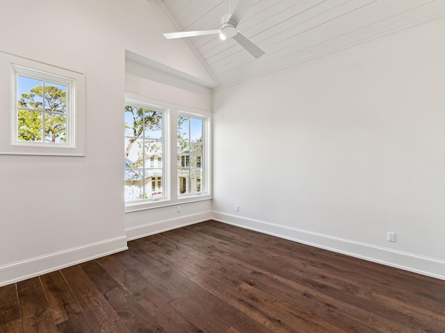 335 Churchill Oaks Dr, Santa Rosa Beach, FL 32459 - empty room with baseboards, vaulted ceiling, dark wood-style floors, and ceiling fan